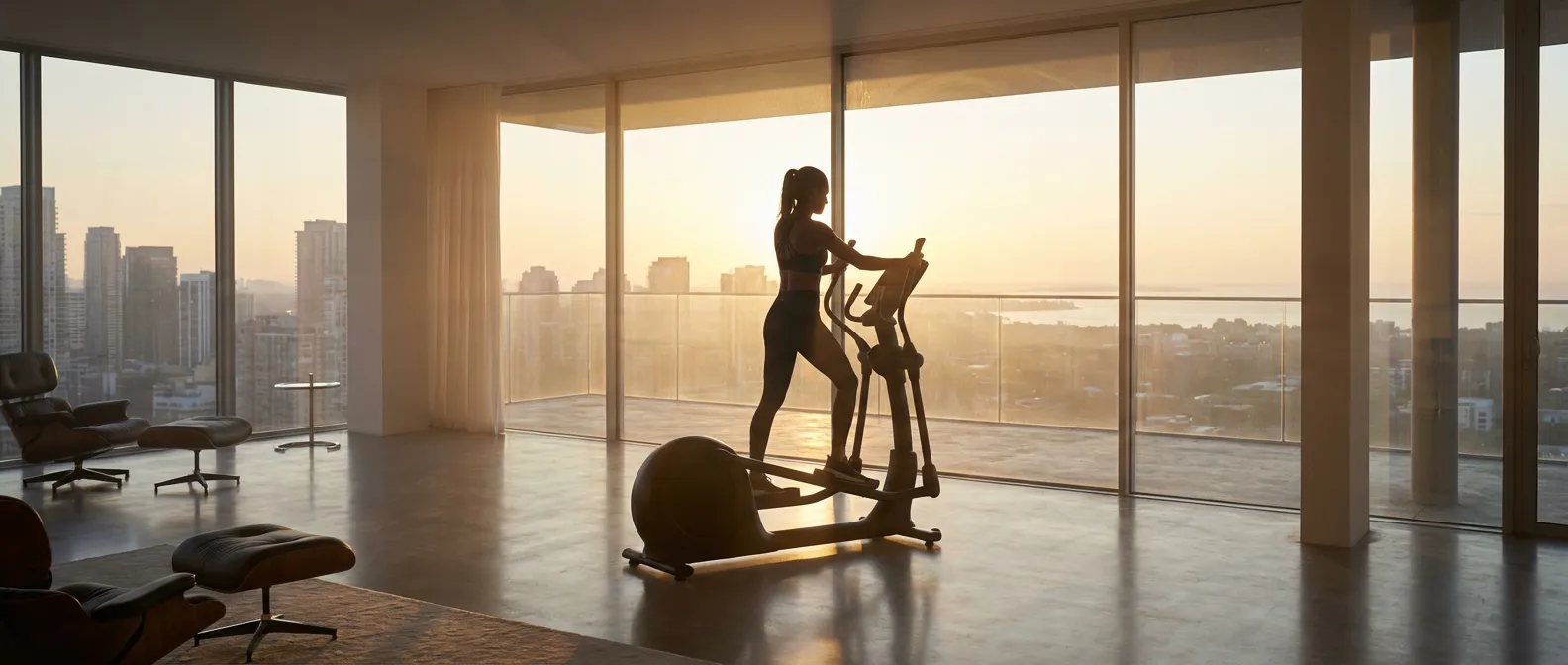 Une personne s'entraîne sur un vélo elliptique dans un intérieur luxueux au lever du soleil