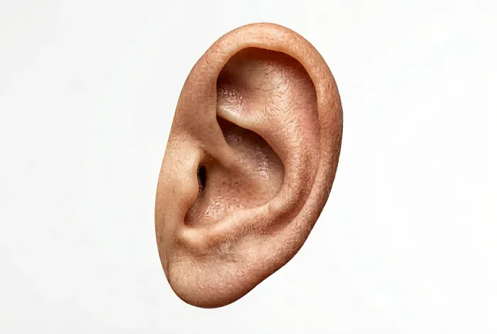Acouphène après retrait bouchon : causes et solutions Gros plan macro d'une oreille humaine sur fond neutre