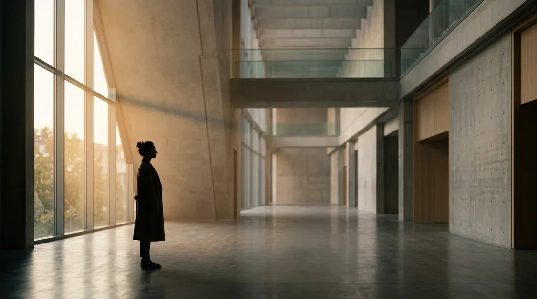 Une silhouette contemplative dans un espace architectural baigné de lumière