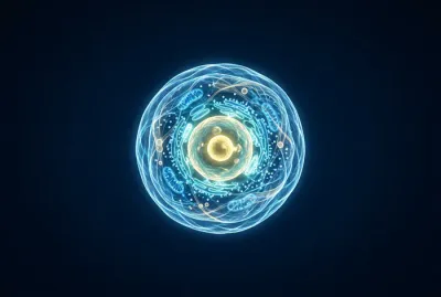 Représentation microscopique minimaliste d'une cellule pour illustrer les marqueurs tumoraux