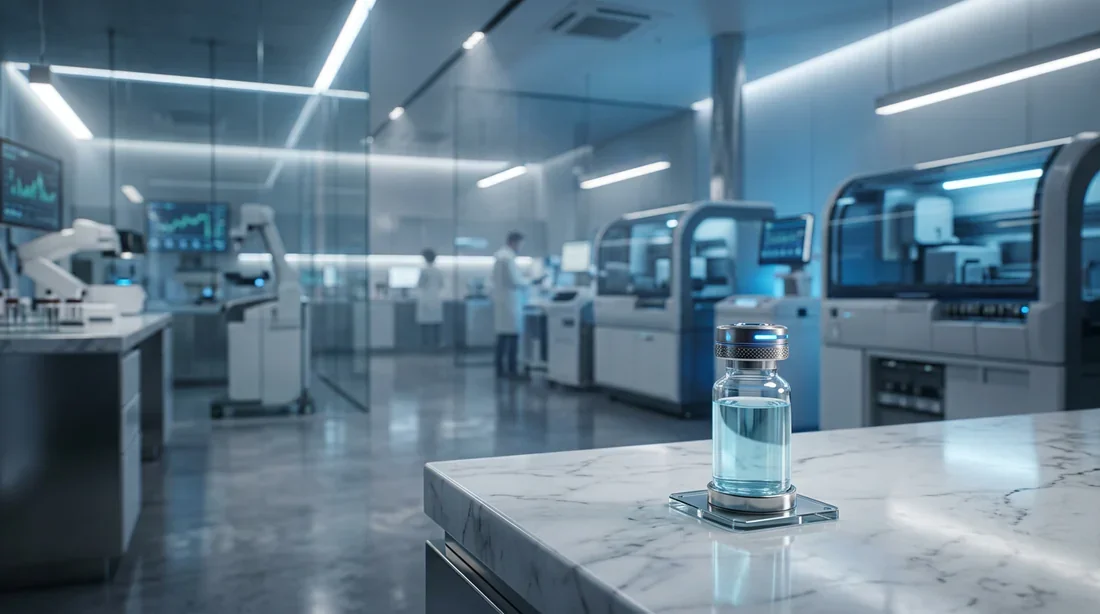 Vue cinématographique d'un laboratoire médical moderne et épuré avec un échantillon biologique en premier plan