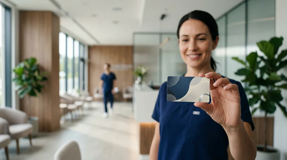 Une carte d'invalidité tenue dans une main dans un environnement clinique lumineux