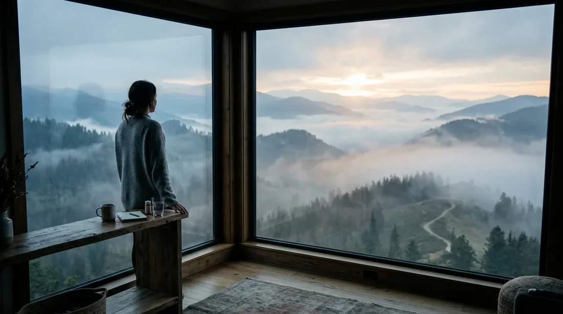 Une personne observant un paysage brumeux au lever du soleil, symbolisant le parcours administratif et médical pour l'invalidité liée à une malformation de Chiari.