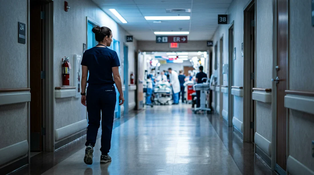 Un professionnel de santé se dirige vers une salle d'urgence dans un environnement clinique moderne