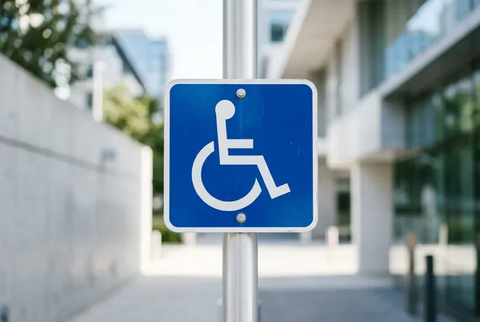 Icône de stationnement pour personnes à mobilité réduite sur fond urbain