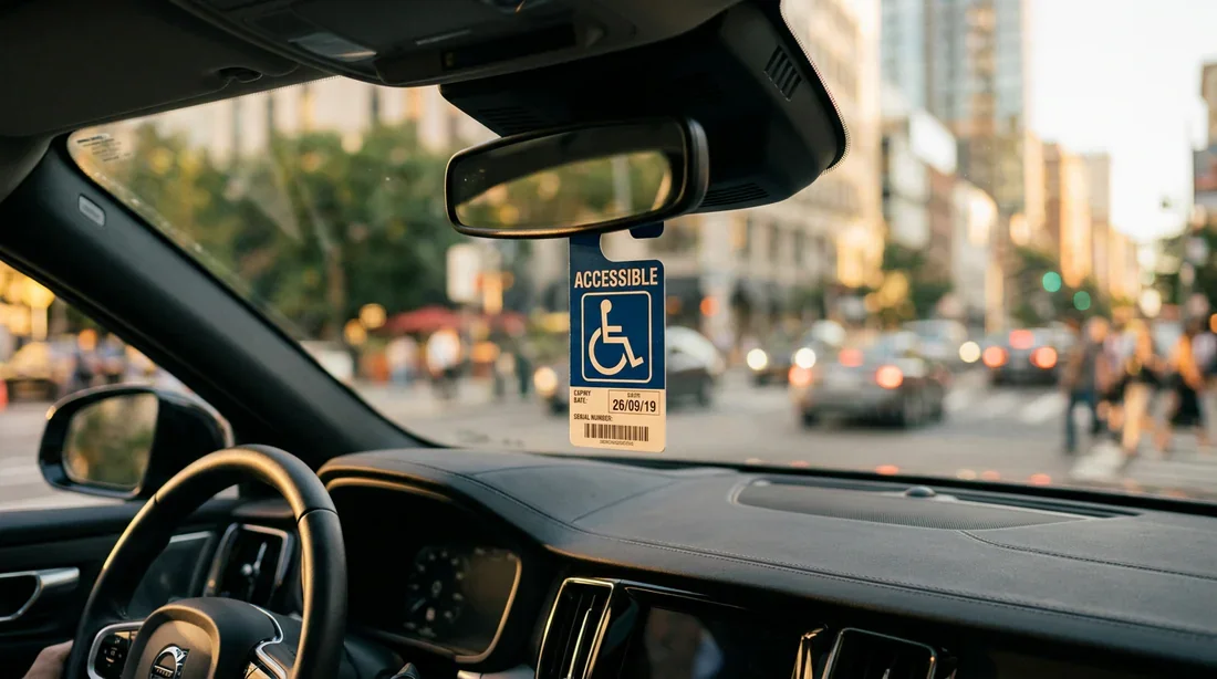 Vue cinématographique d'une carte de stationnement pour personne handicapée suspendue à un rétroviseur