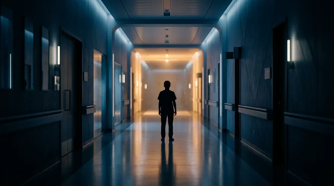 Vue cinématique d'une silhouette dans un couloir éthéré symbolisant la santé