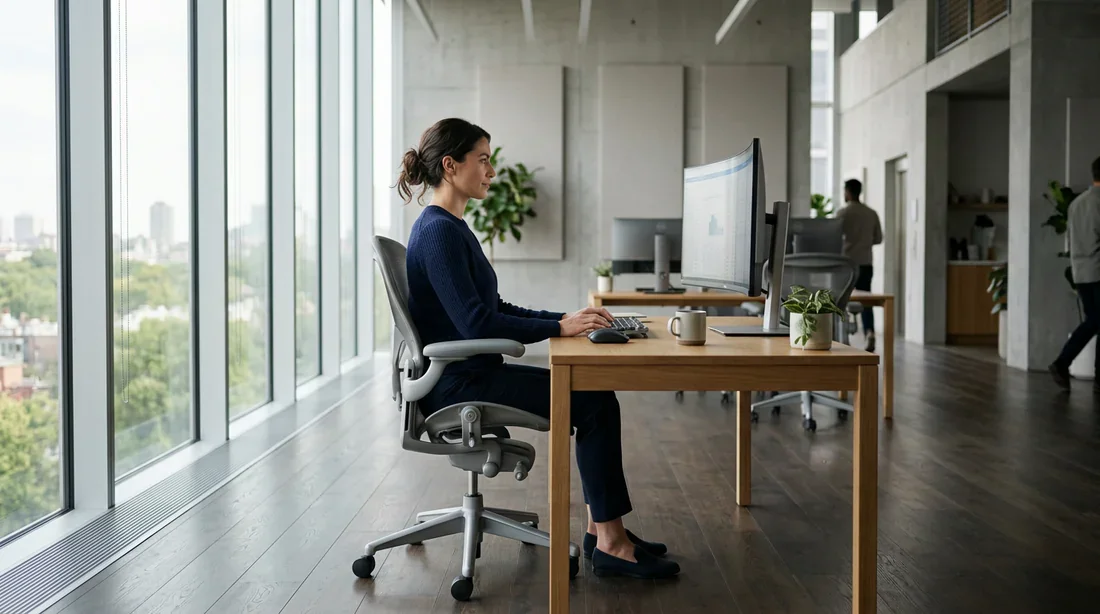 Santé de la colonne et bien-être au travail Vue cinématographique d'un espace de travail ergonomique illustrant la santé de la colonne vertébrale