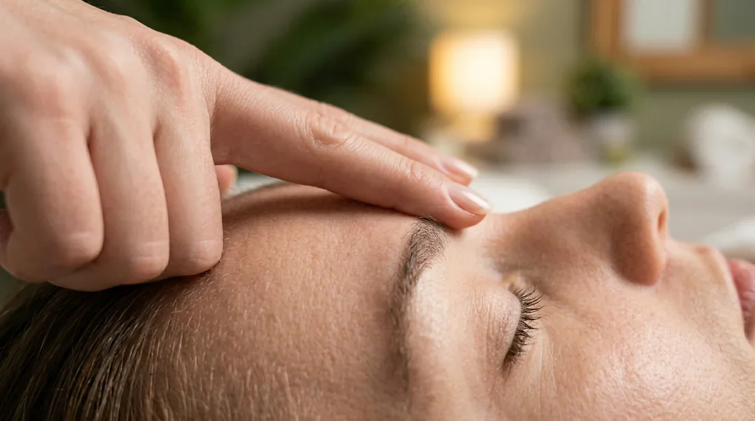 Gros plan cinématique sur le visage d'une personne ressentant une tension au niveau du sourcil