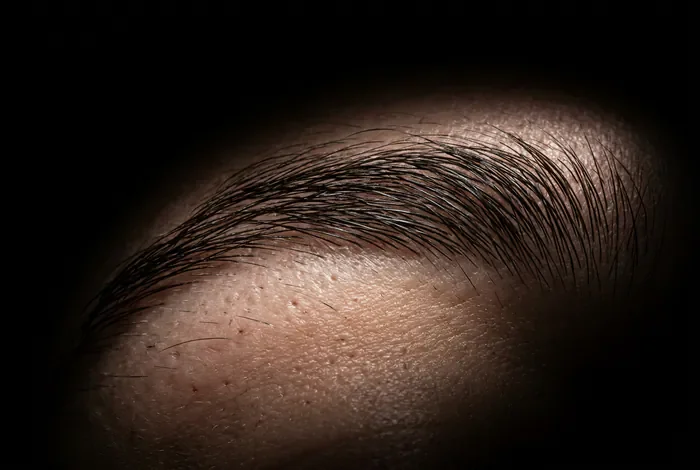 Douleur au sourcil gauche : causes et symptômes fréquents Vue macro minimaliste d'un sourcil humain sur fond sombre