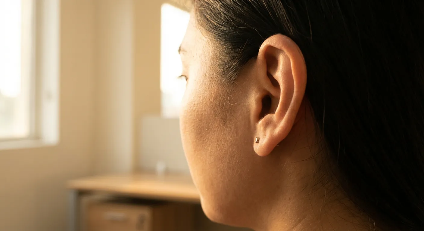 Gros plan sur une oreille avec un éclairage chaleureux montrant la position idéale pour l'évacuation.