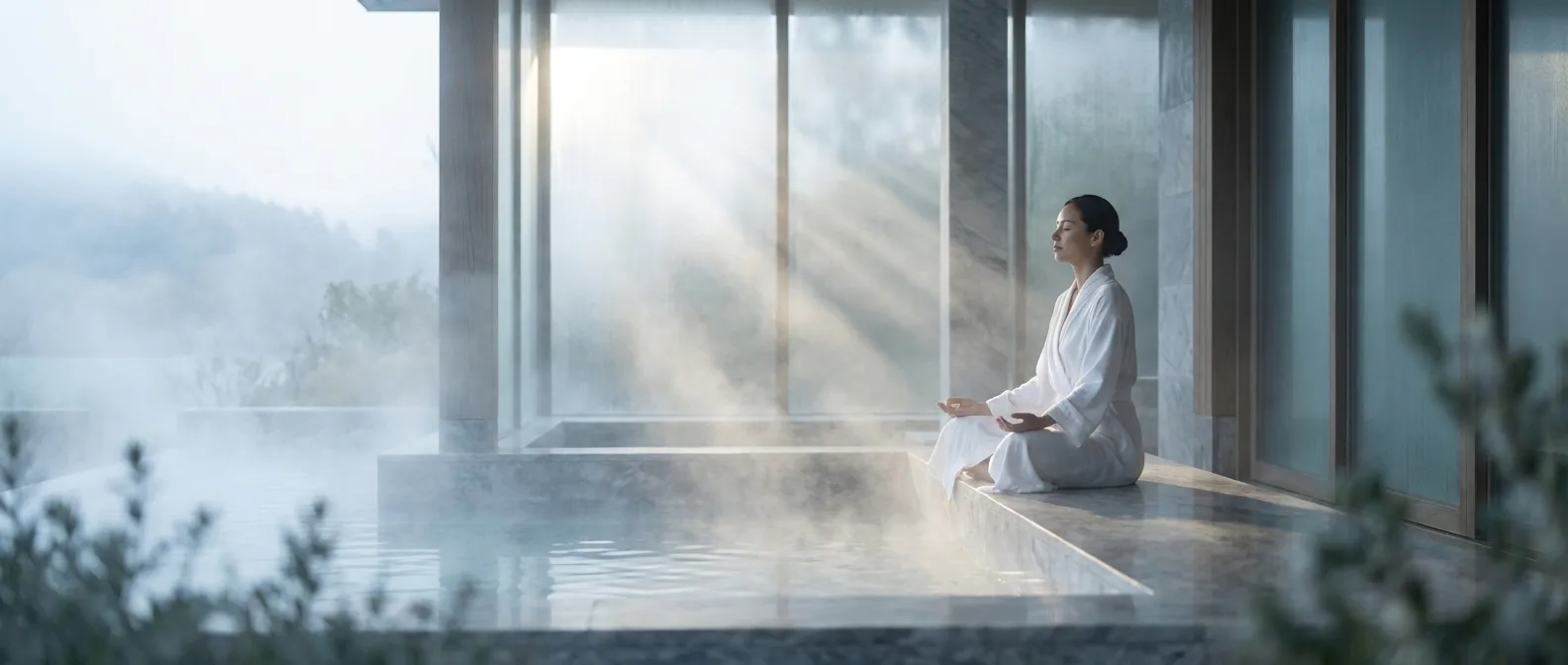 Une personne sereine entourée d'une brume d'eau légère dans une ambiance de bien-être haut de gamme.