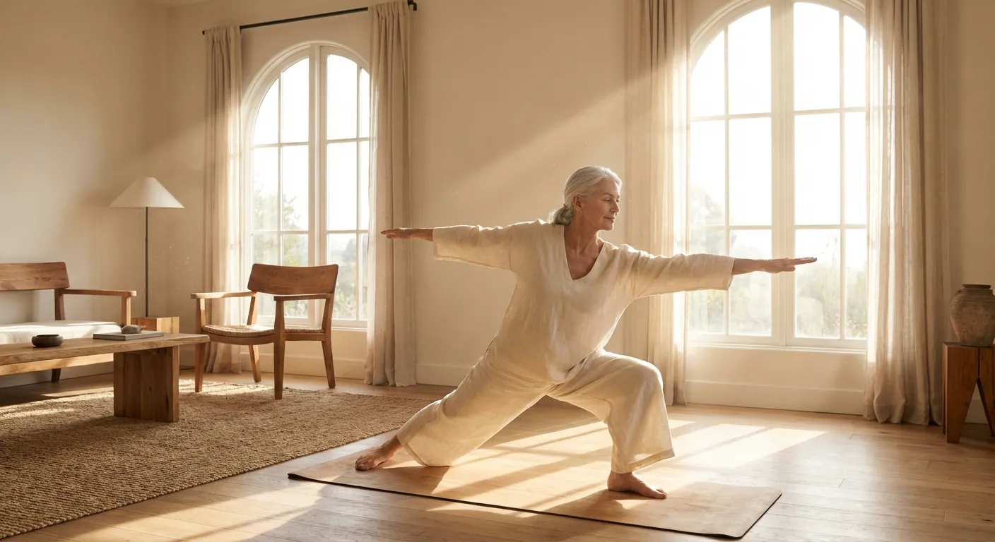 Femme senior pratiquant des exercices de bien-être pour préserver son autonomie.