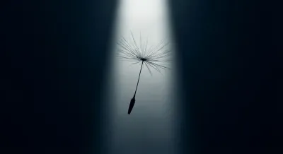 Gros plan iconique d'une graine de pissenlit lumineuse sur fond sombre.