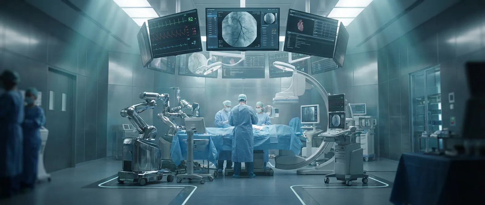 Salle d'opération moderne et stérile pour une intervention sur les artères fémorales