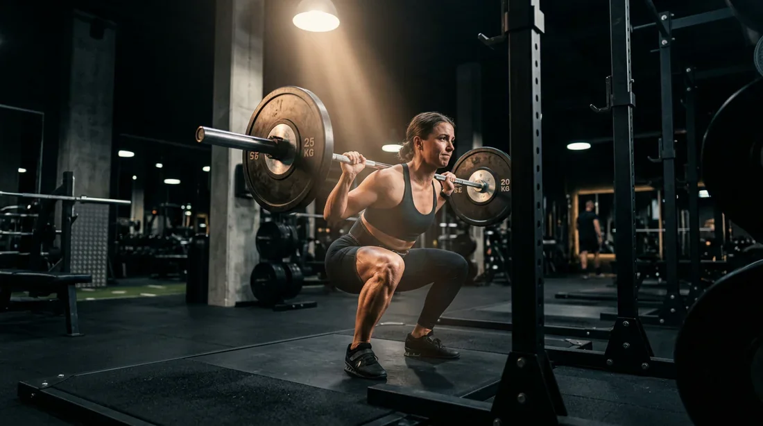 Le genou pendant un squat en action Un athlète en pleine exécution d'un squat dans une salle de sport moderne et épurée