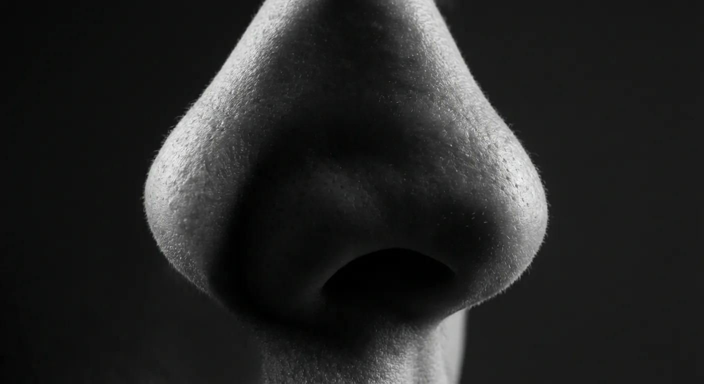 Gros plan contrasté sur le nez humain mettant en évidence la perception sensorielle.