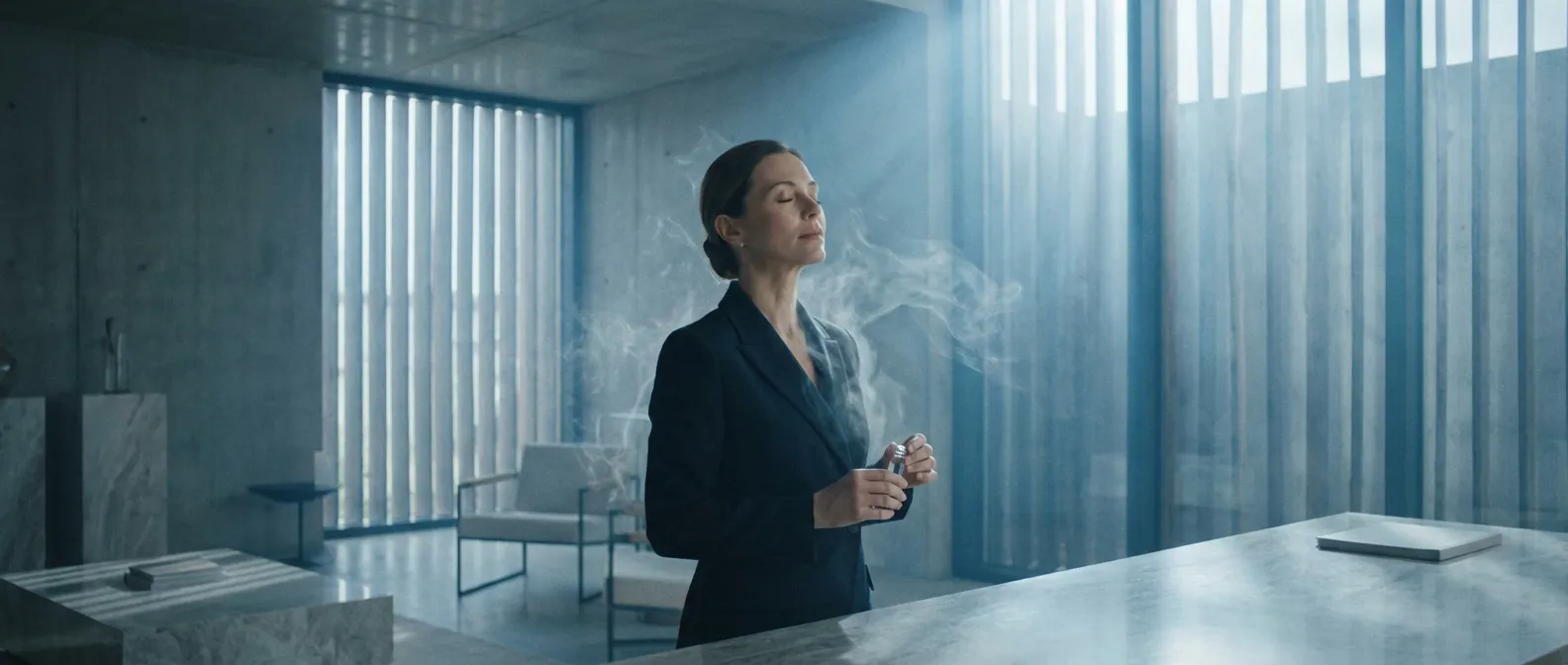 Portrait éditorial d'une personne respirant profondément dans un cadre médical minimaliste et haut de gamme.