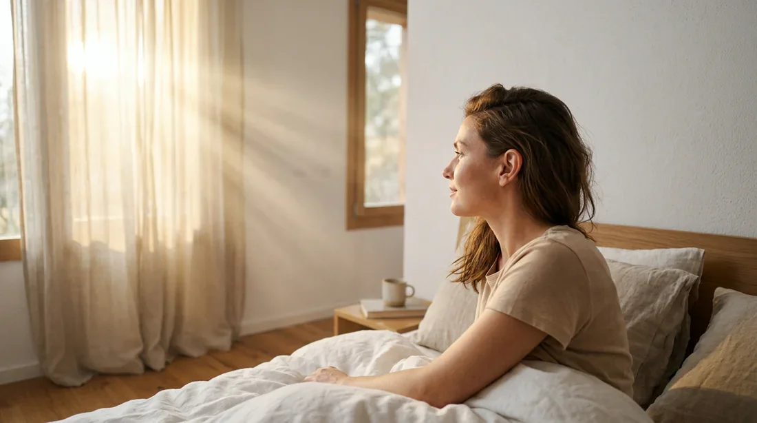 Une personne se réveillant dans une chambre baignée par la lumière du matin