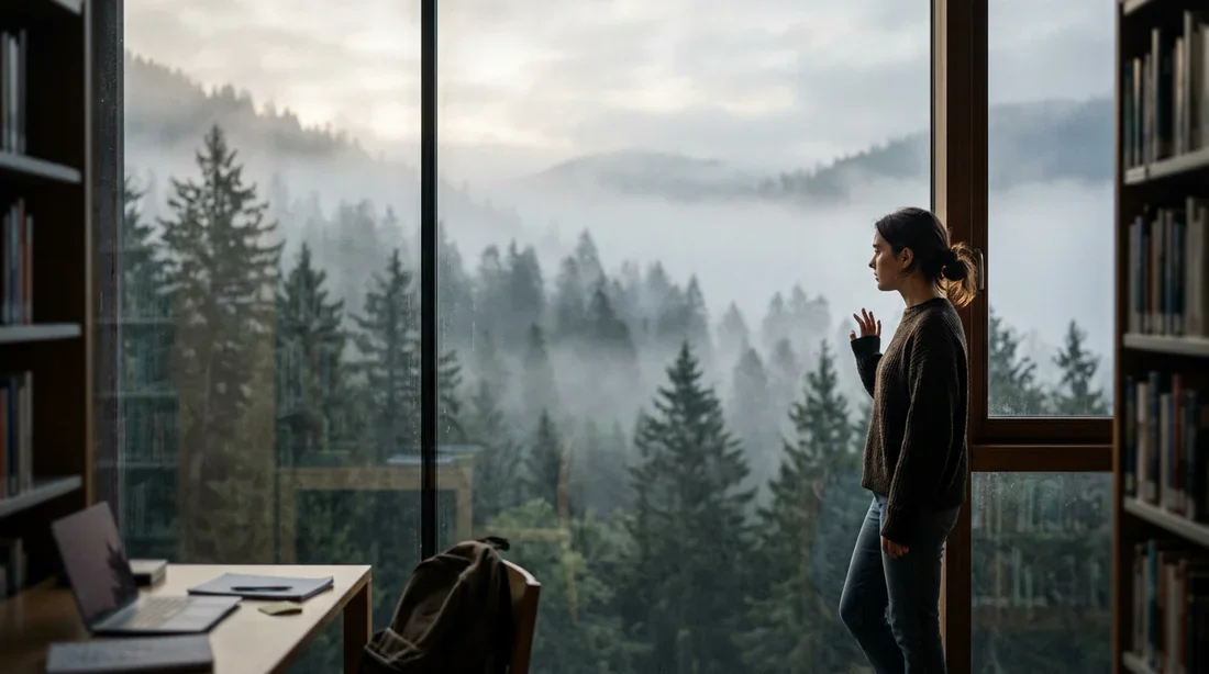 Un étudiant songeur devant une grande fenêtre ouvrant sur un paysage naturel apaisant