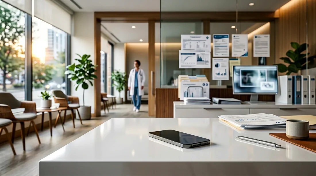 Un smartphone élégant posé sur un bureau médical moderne, symbolisant la communication des résultats de santé.