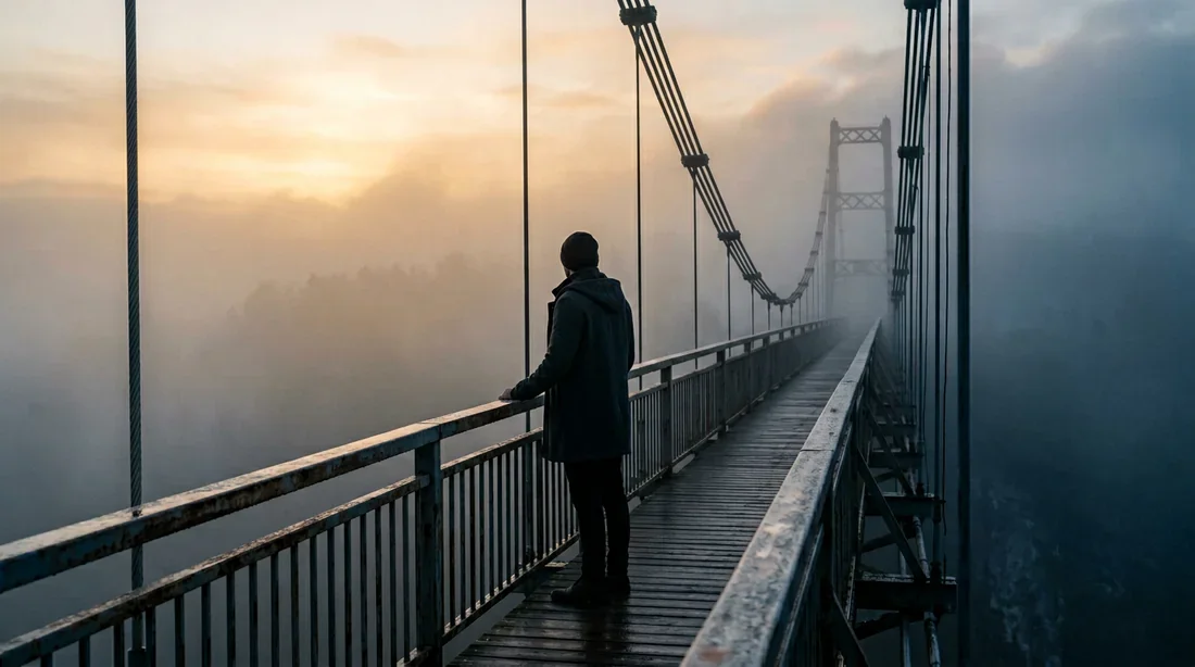 La réflexion face à l'incertitude Une personne solitaire sur un pont dans la brume, évoquant la réflexion sur la santé et la guérison.