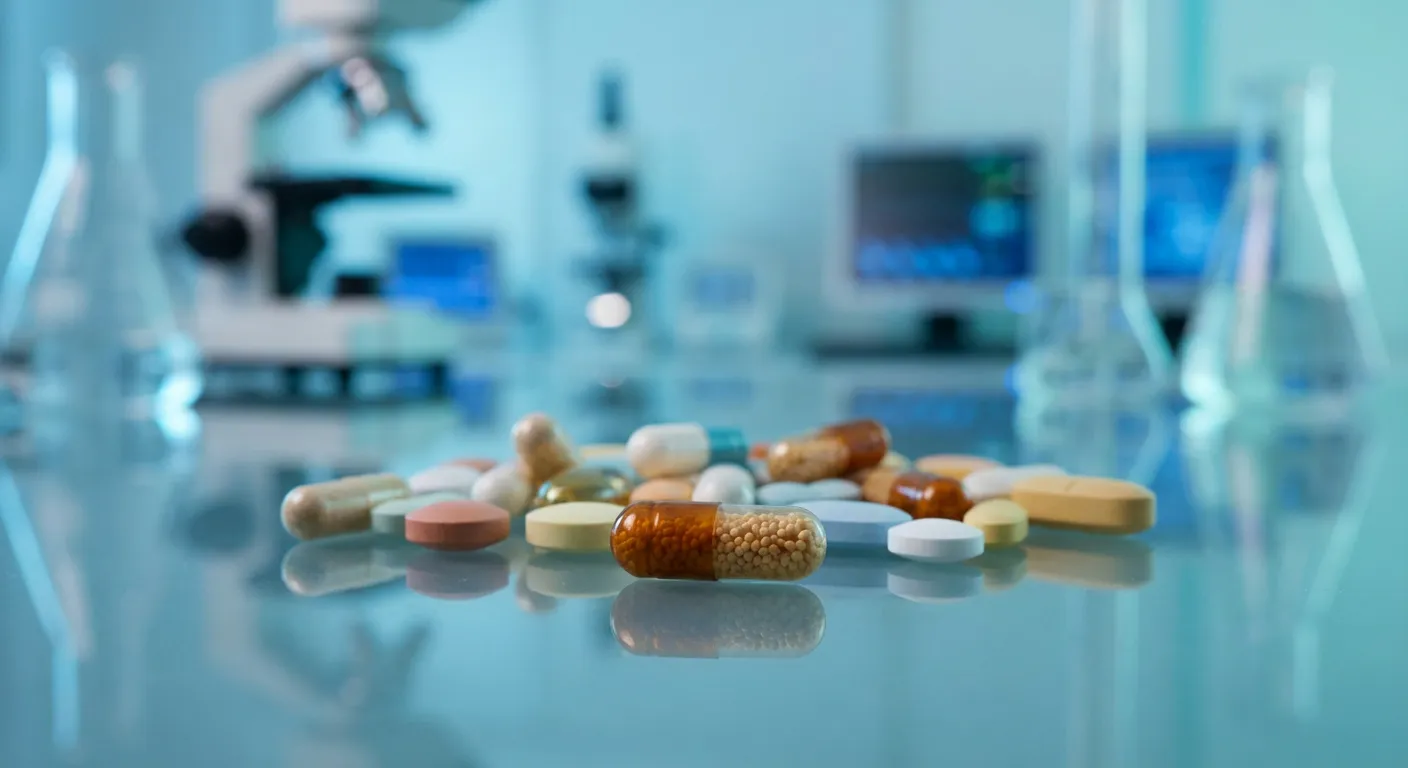 Photographie macro de médicaments et perturbateurs endocriniens sur une surface en verre.