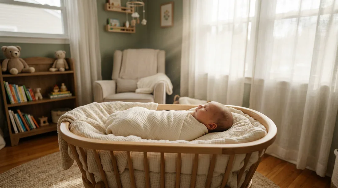 Un nourrisson paisible dormant doucement dans une chambre baignée de lumière naturelle.