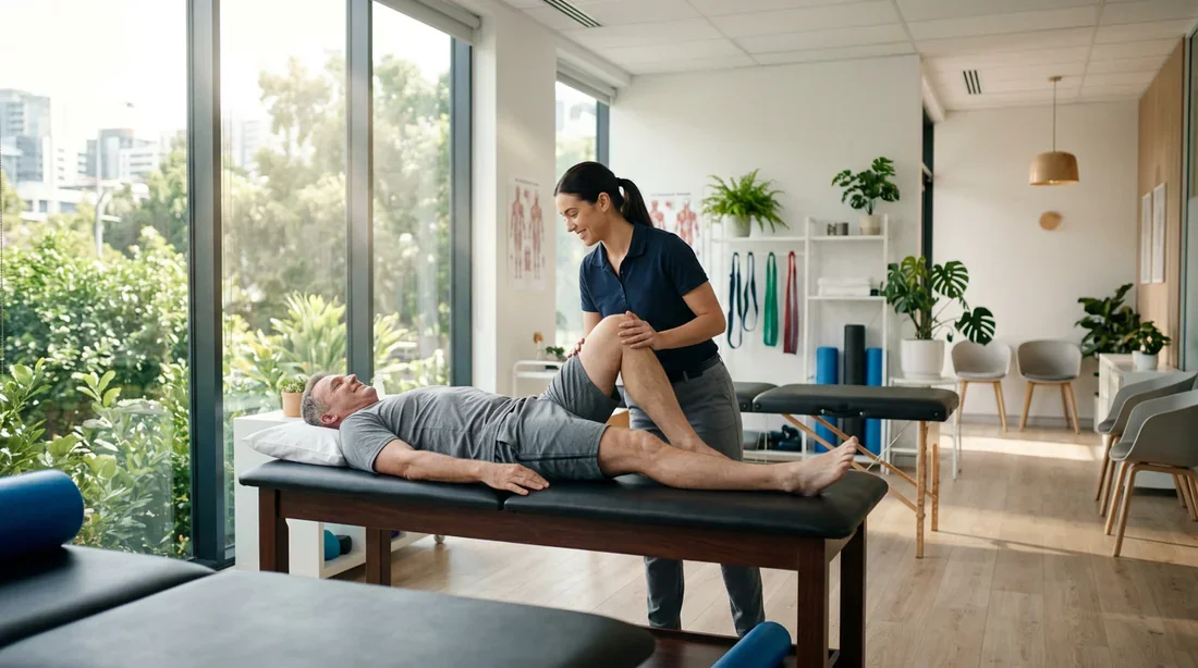 Un kinésithérapeute professionnel accompagnant un patient dans une clinique lumineuse