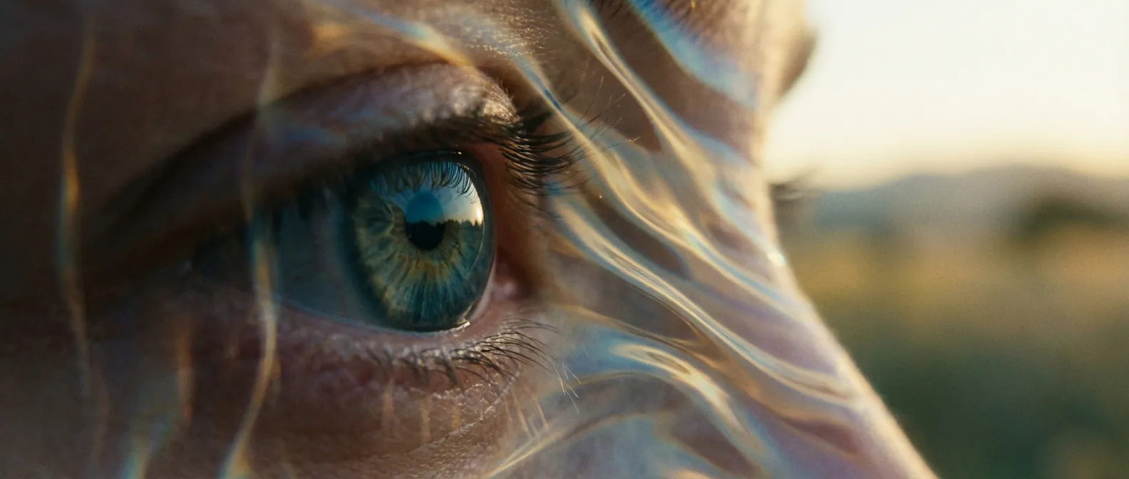 Gros plan artistique d'un œil avec des ondes lumineuses cinématiques symbolisant une migraine ophtalmique