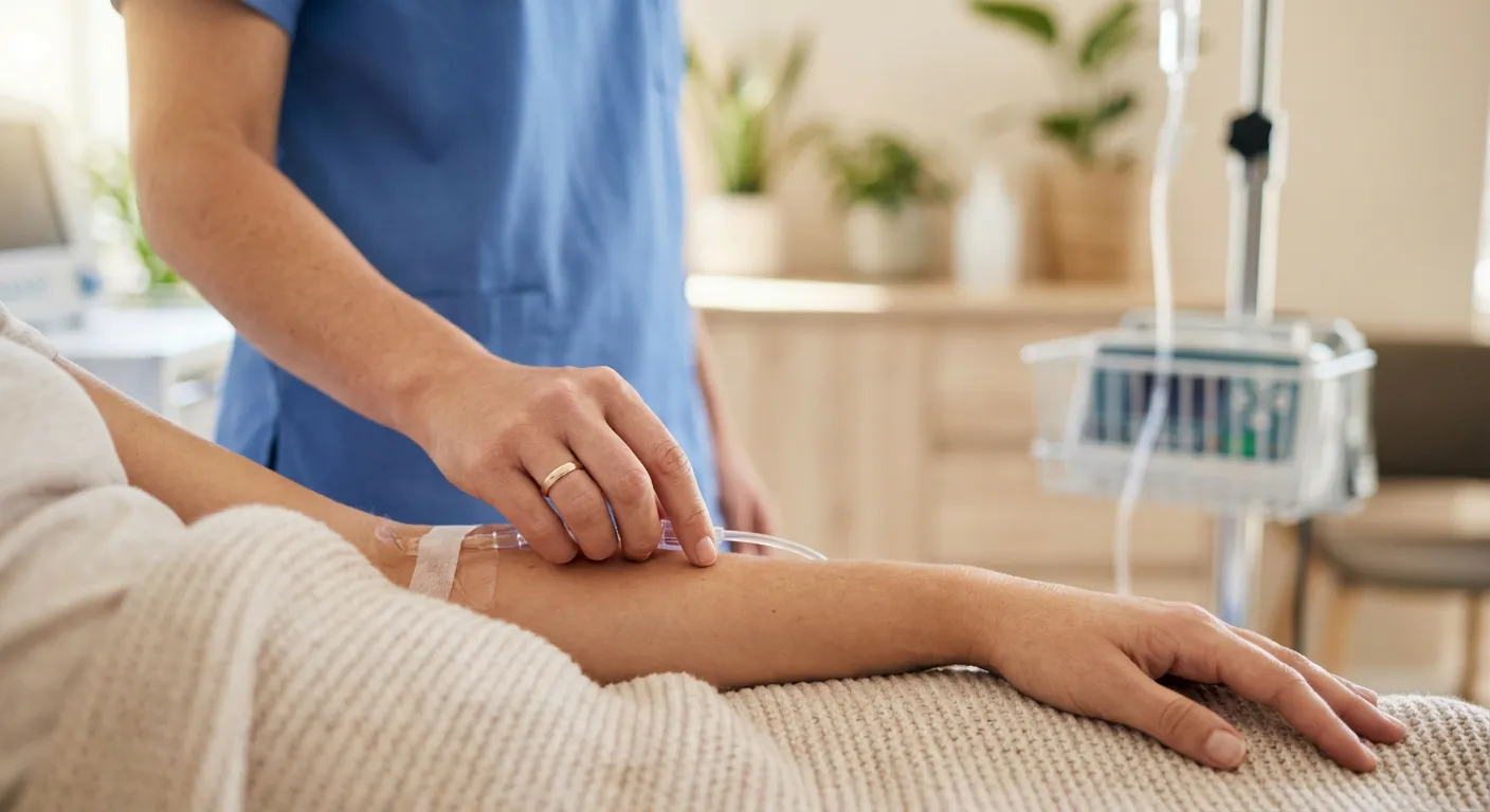 Geste professionnel d'une infirmière lors d'une séance de perfusion.