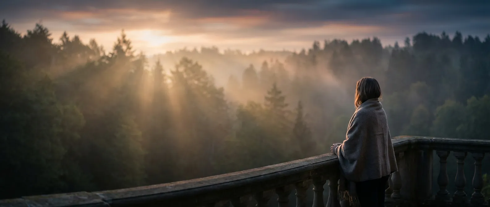 Une personne sereine contemplant un paysage au lever du soleil, symbolisant le soulagement et la clarté mentale sous amitriptyline.