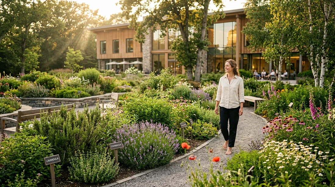 Une personne marchant dans un jardin apaisant pour illustrer la convalescence