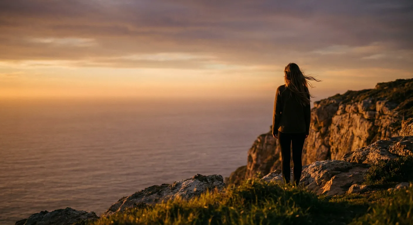 Une femme sereine face à l'océan au coucher du soleil pour illustrer la liberté de la contraception Slinda
