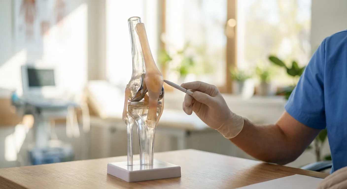 Gros plan d'un médecin expliquant le fonctionnement de l'articulation du genou