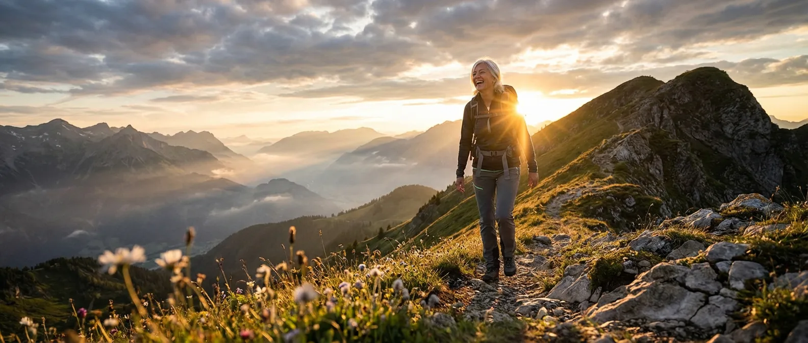Une femme senior marchant avec aisance en montagne au coucher du soleil, illustrant la mobilité retrouvée
