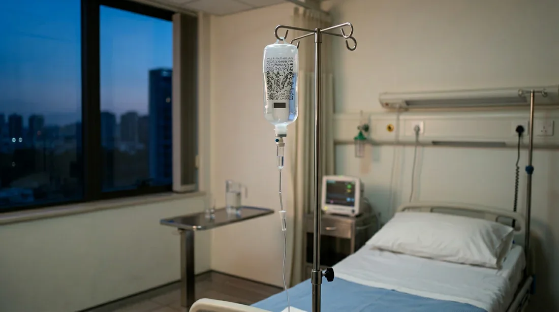 Gestion des bulles d'air en perfusion Vue cinématique d'une poche de perfusion avec une bulle d'air visible en milieu hospitalier
