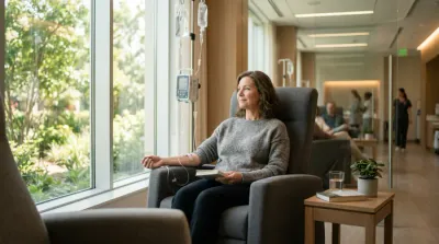 Casque réfrigérant pour chimiothérapie posé sur fond blanc
