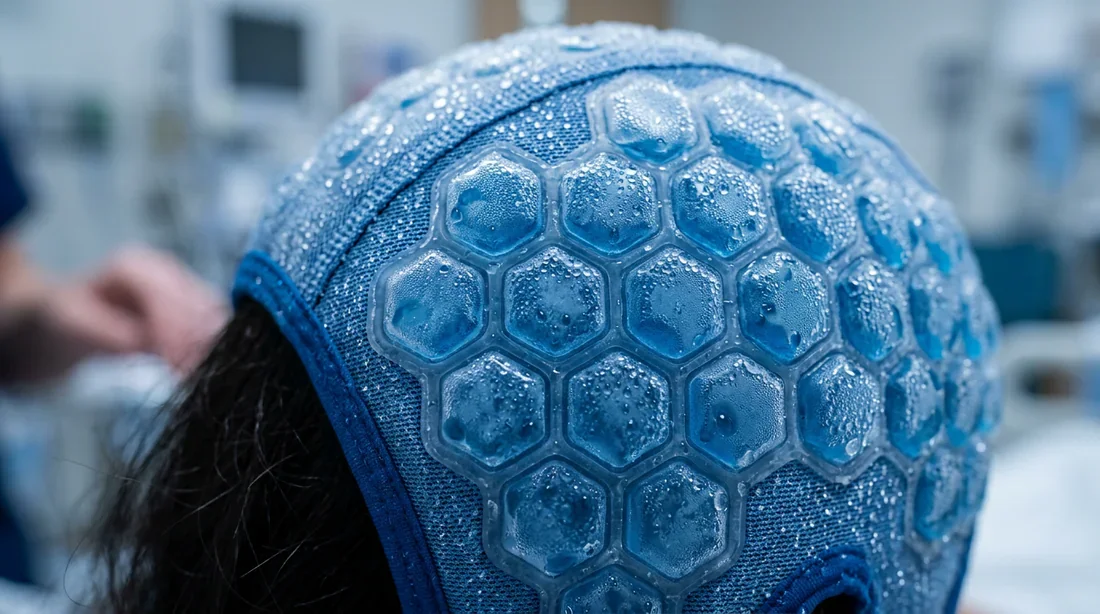 Une patiente assise dans une salle de perfusion moderne, atmosphère sereine et lumineuse