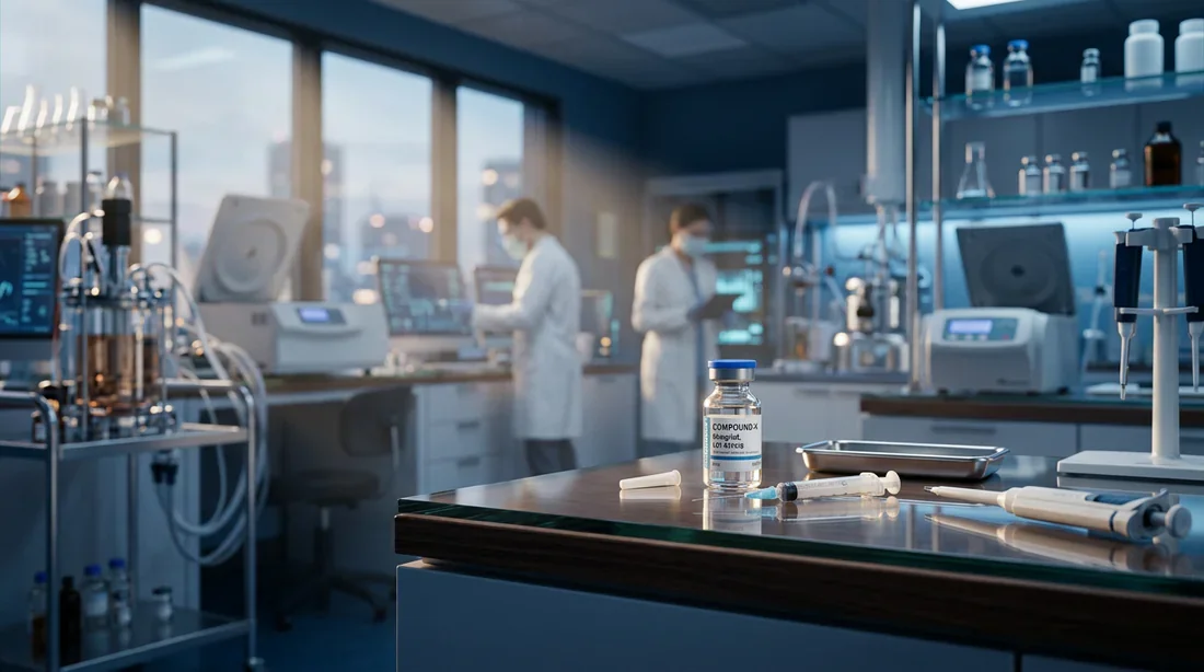 Vue cinématographique d'un laboratoire médical moderne mettant en avant la précision pharmaceutique