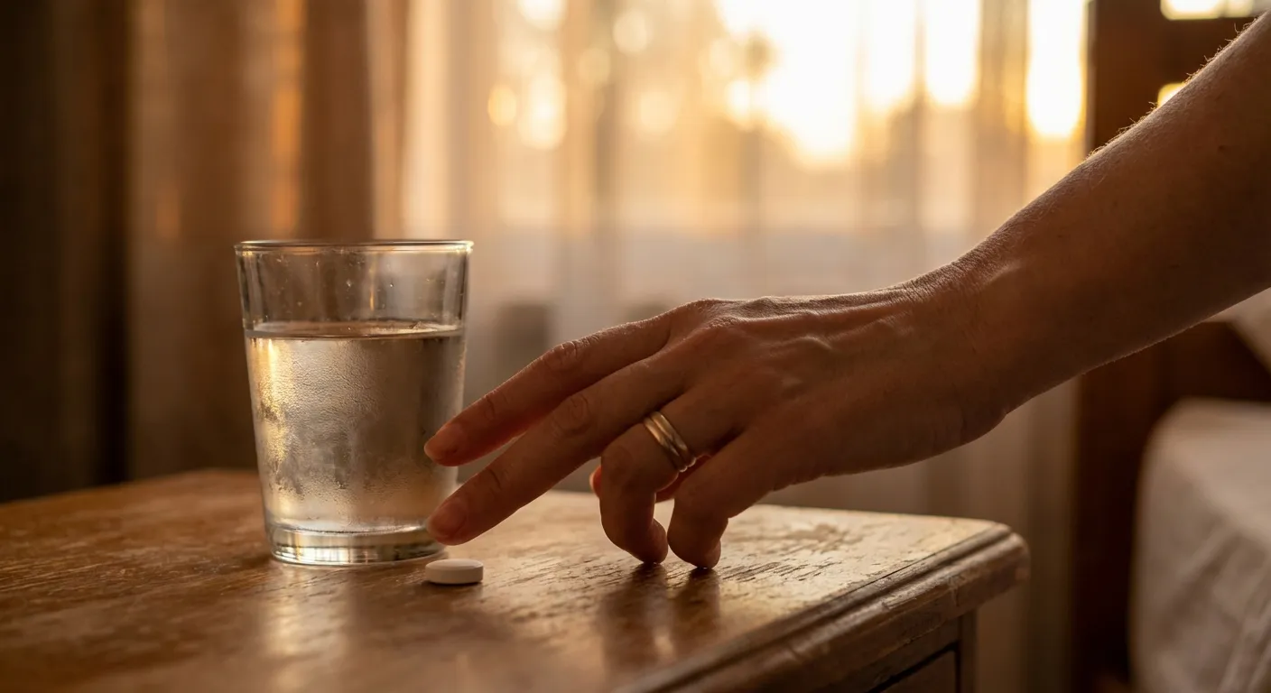 Détail d'une main prenant la pilule Daily Gé le soir