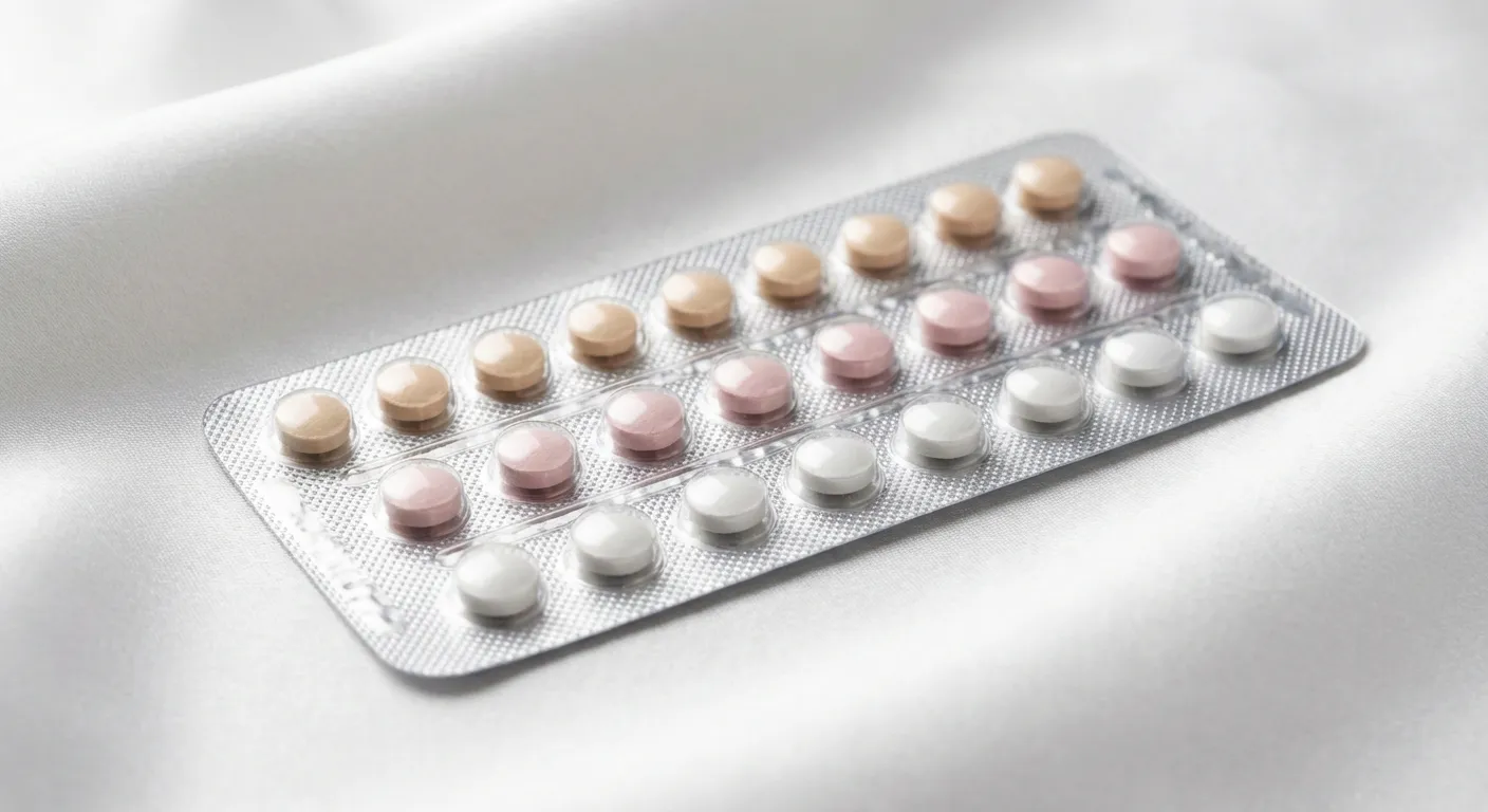 Gros plan iconique d'une plaquette de pilule triphasique
