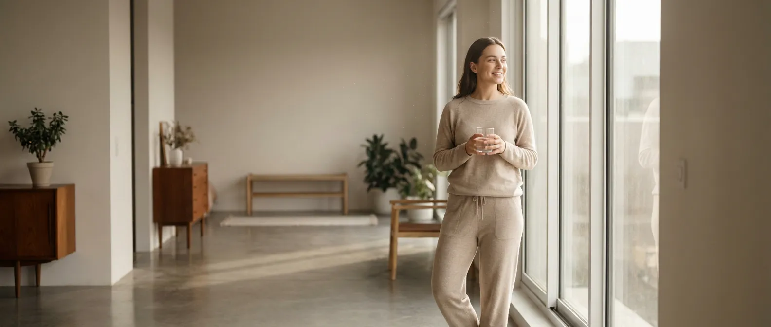 Une femme sereine dans un intérieur moderne prenant sa pilule contraceptive Daily Gé