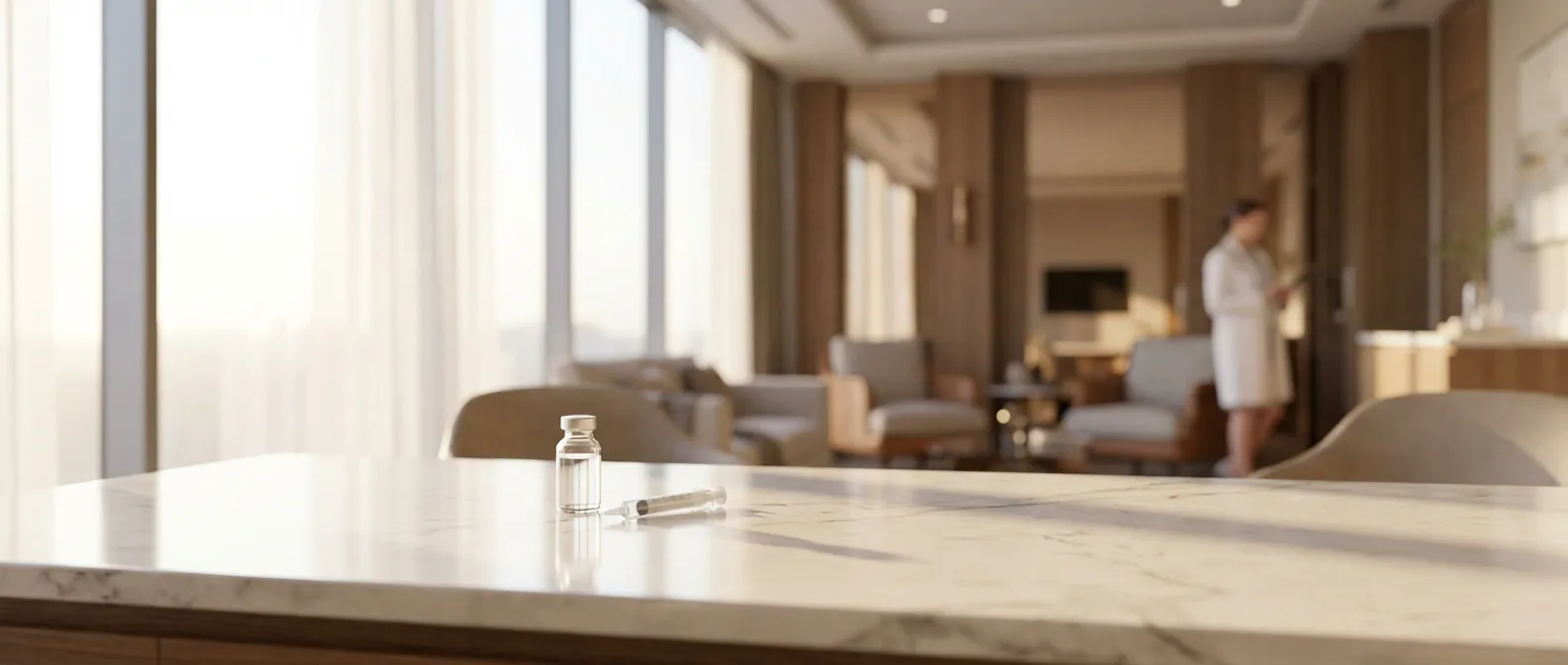 Flacon de Diprostene et seringue posés sur un comptoir en marbre dans un cabinet médical haut de gamme.