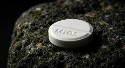 Gros plan minimaliste d'un comprimé de Forxiga 10 mg sur pierre sombre.