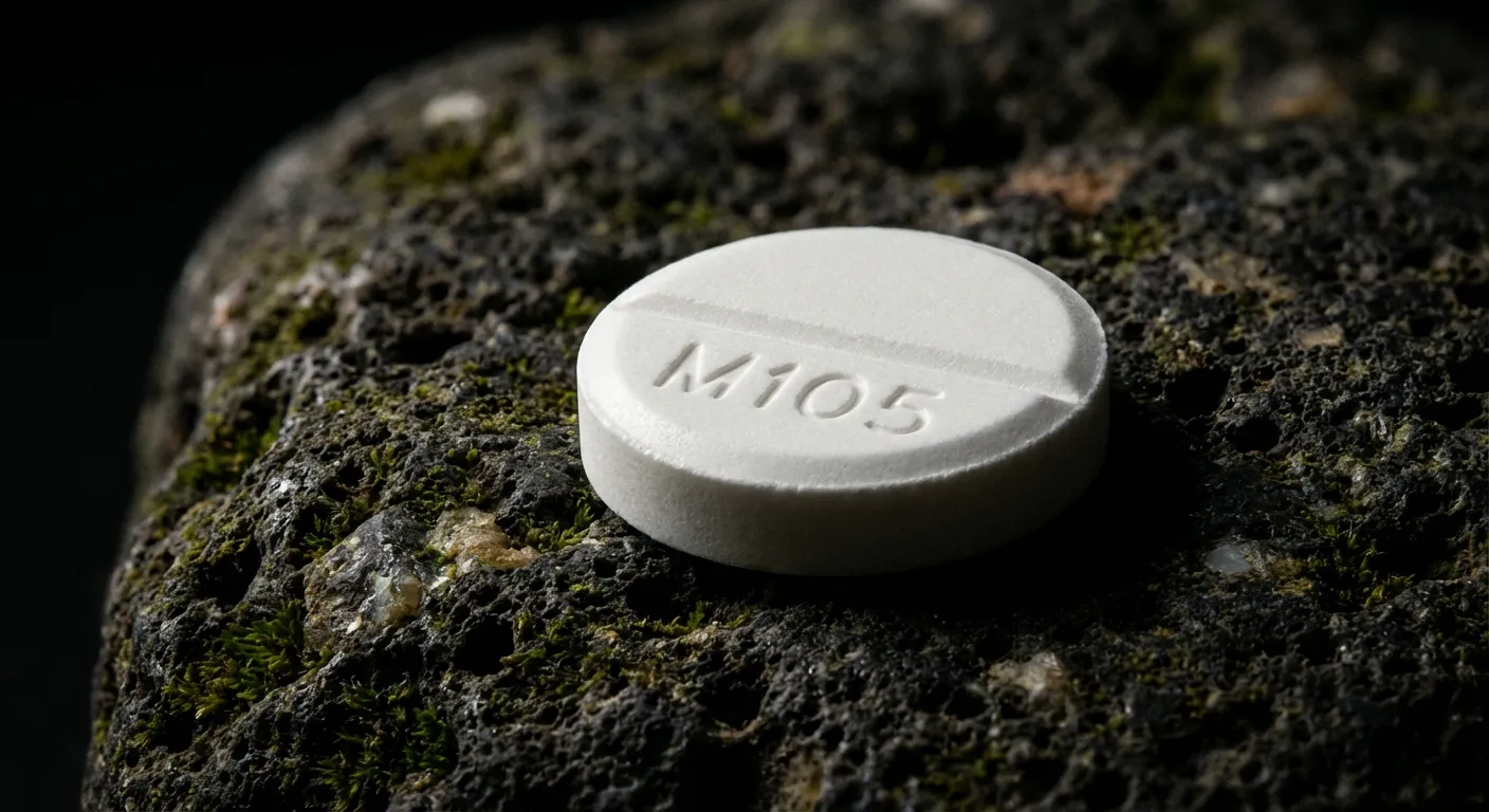 Gros plan minimaliste d'un comprimé de Forxiga 10 mg sur pierre sombre.