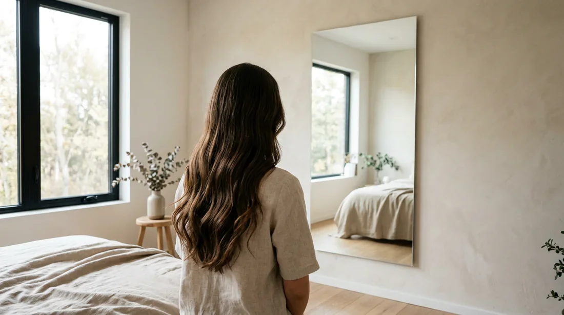 Une personne observant ses cheveux dans un miroir, atmosphère lumineuse et professionnelle.