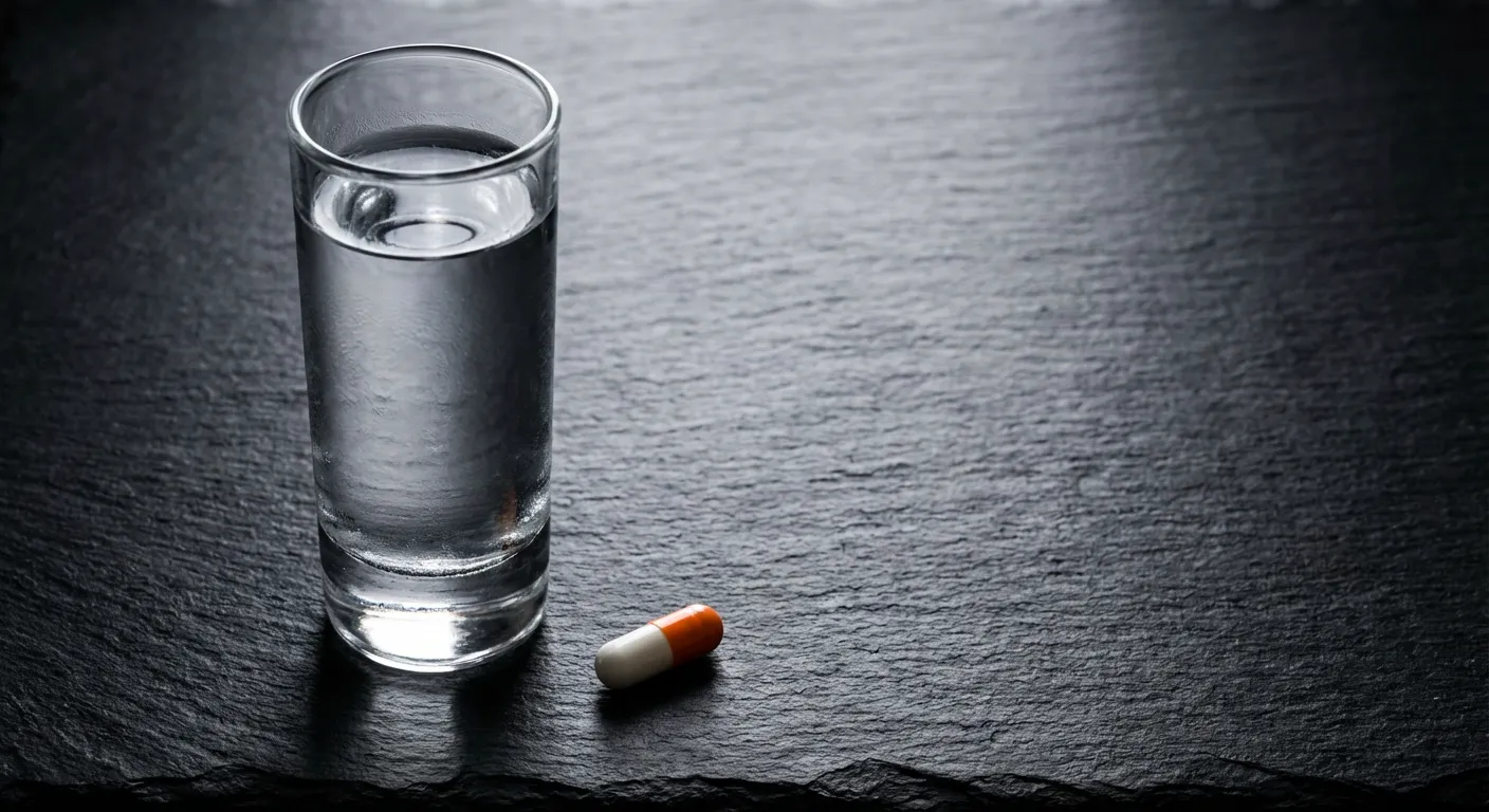 Gélule et verre d'eau sur fond sombre minimaliste