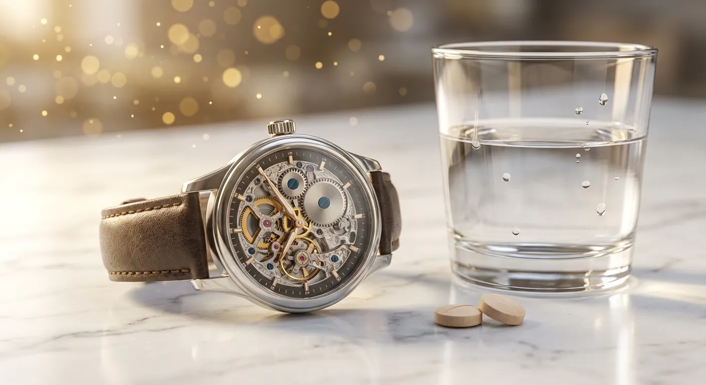 Montre de luxe et verre d'eau symbolisant le temps d'action du médicament
