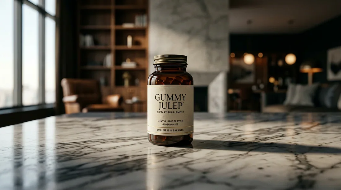 Bouteille de supplément de santé de type julep gommeux sur une table en marbre luxueuse